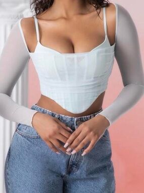 Oh Polly Fauna long sleeve corset top in light blue